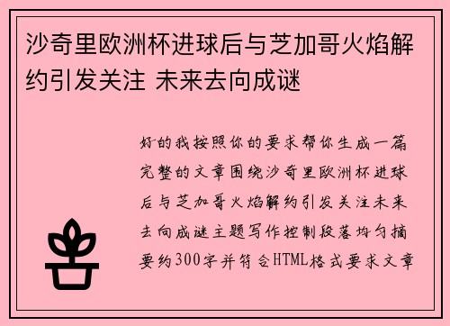沙奇里欧洲杯进球后与芝加哥火焰解约引发关注 未来去向成谜